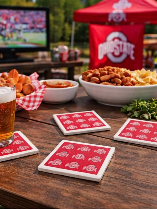 Ohio State Buckeyes NCAA Ceramic Coasters Set (4) Felt Back Red Logo Square EUC - Picture 5 of 5
